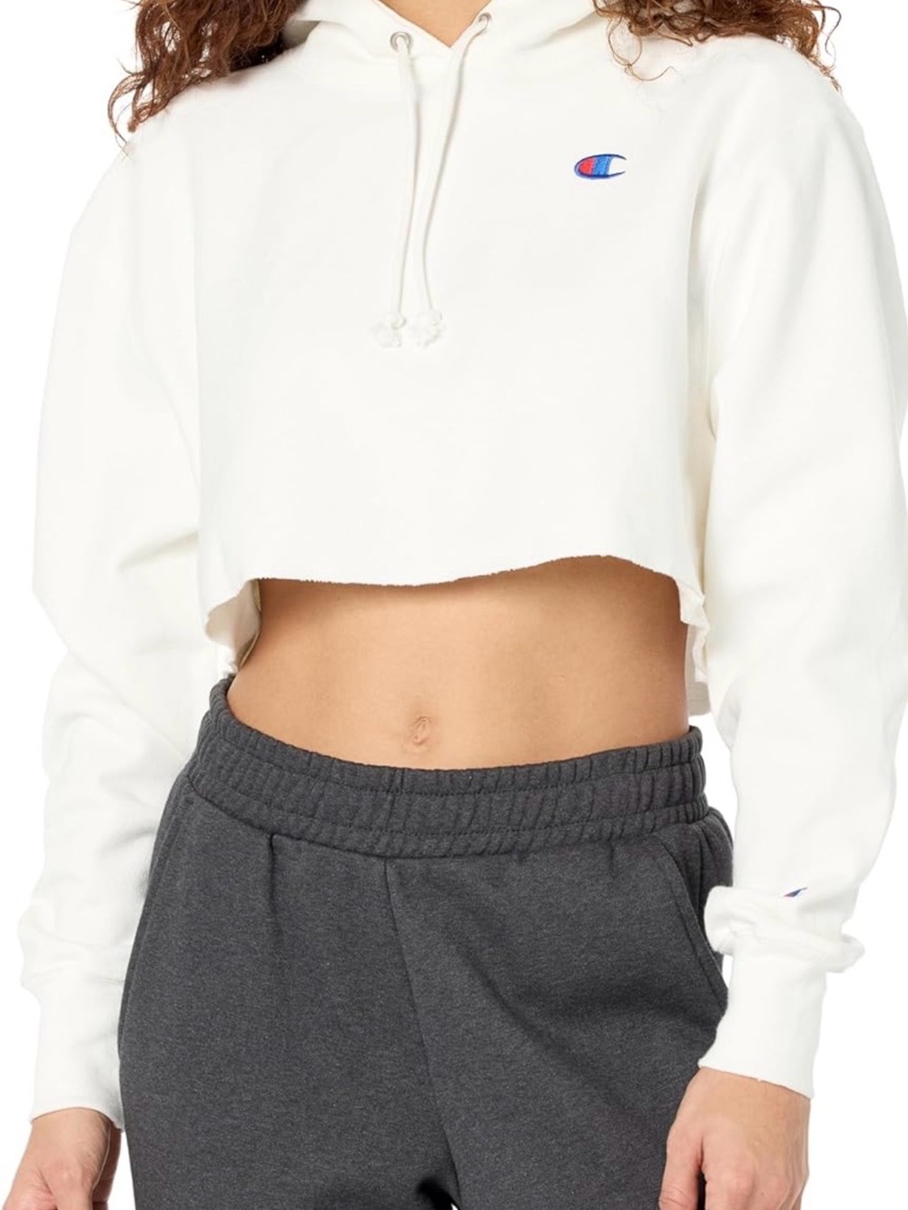 Champion White Cropped Hoodie with Embroidered C Patch